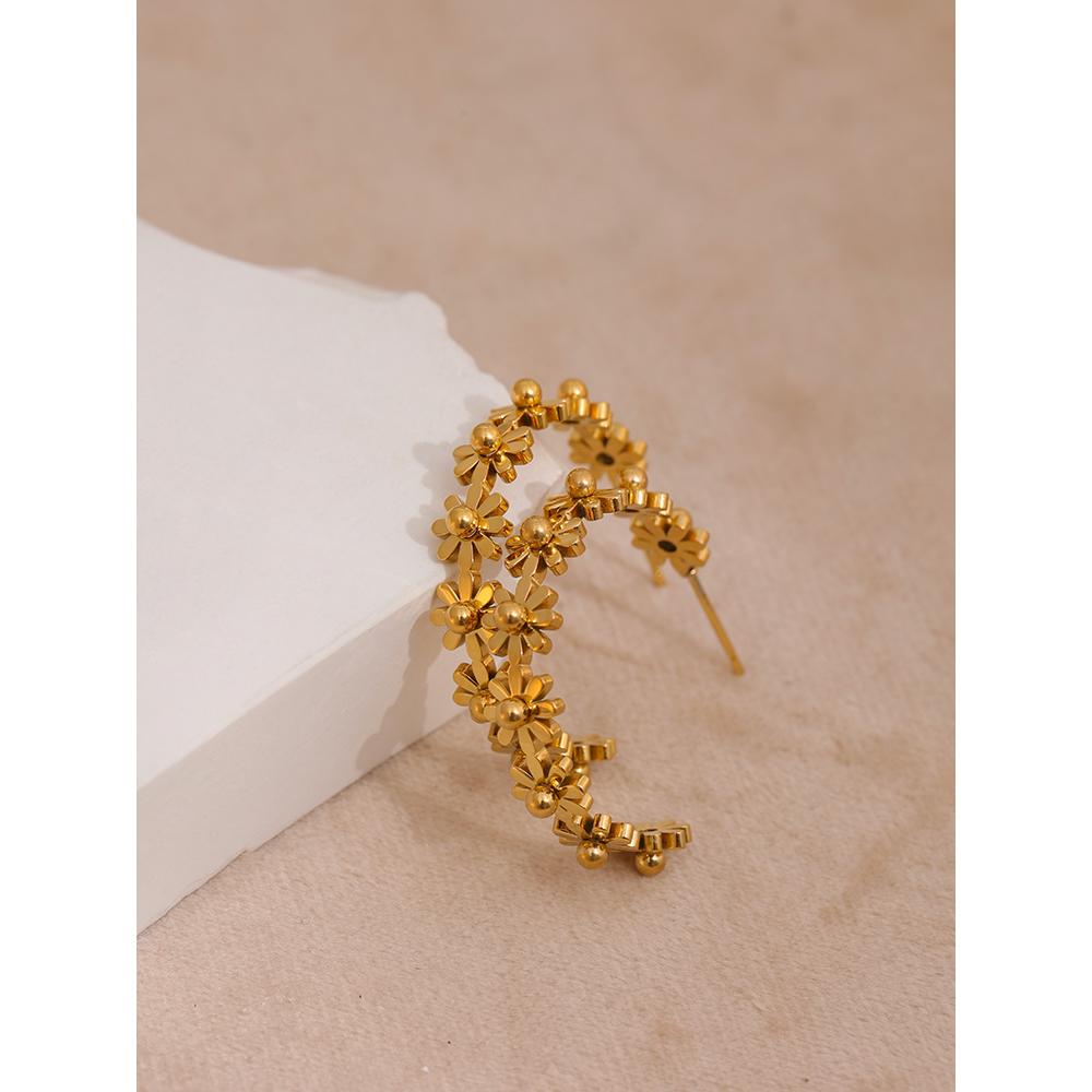 Yhpup Stainless Steel Round Flower Hoop Earrings Fashion Golden Metal Trendy Brand Texture Jewelry Party Gift Waterproof Women