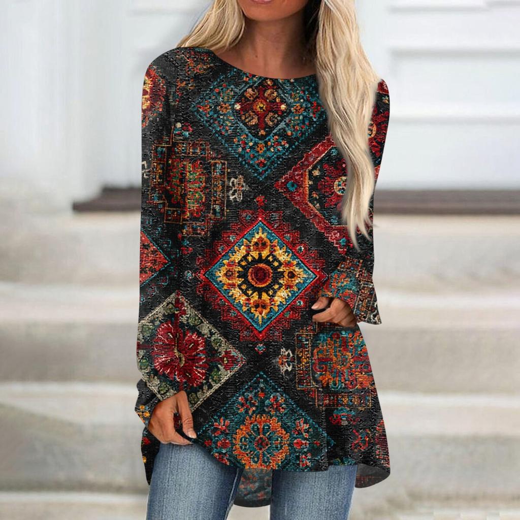 Damen Oberteile Rundhals Langarm Blusen Lässige Mittellange Hemden Mode Druck Tunika-Tops
