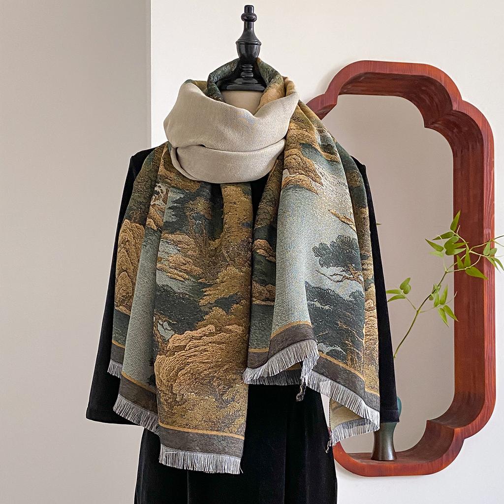 Chinese Style Landscape Painting Women Scarf Soft Warm Pashmina Shawl Winter Outdoor Coldproof Windproof Blanket Wrap Scarf
