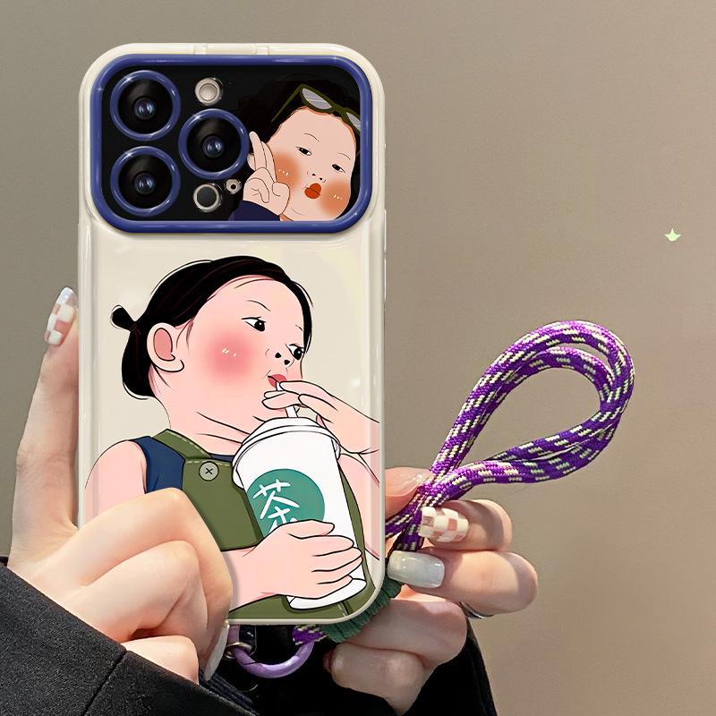Applicable To Apple 15promax Mobile Phone Case IPhone 13/14 Milk Tea Girl Lanyard 11/12 Flip Mirror Xs