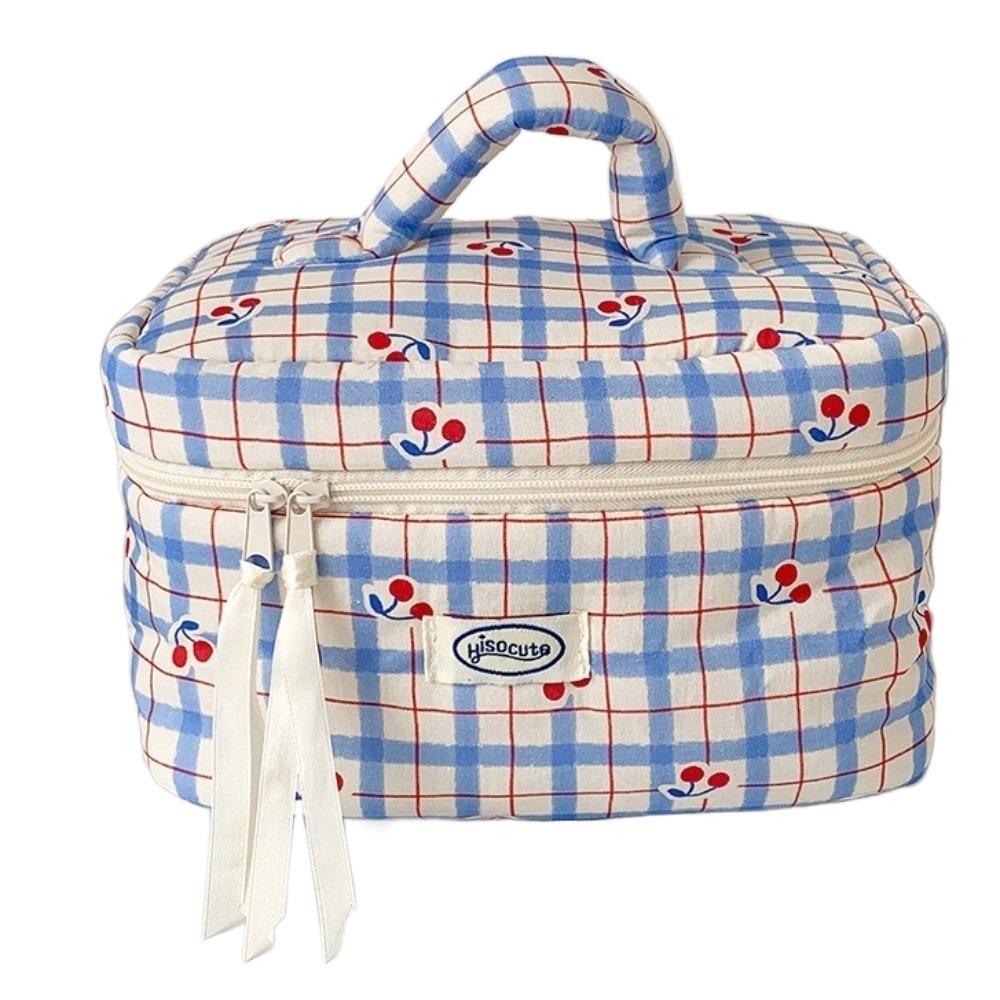 

New Cherry Makeup Bag Portable Large Capacity Makeup Storage Bag Plaid Girly Heart Toiletry Bag Travel синій