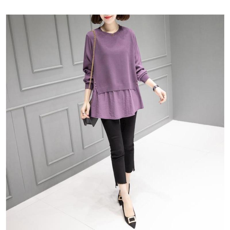 Autumn Winter Women Fashion Round Neck Fake Two Piece Knit Sweater Long Sleeve Loose Pullover Casual Top