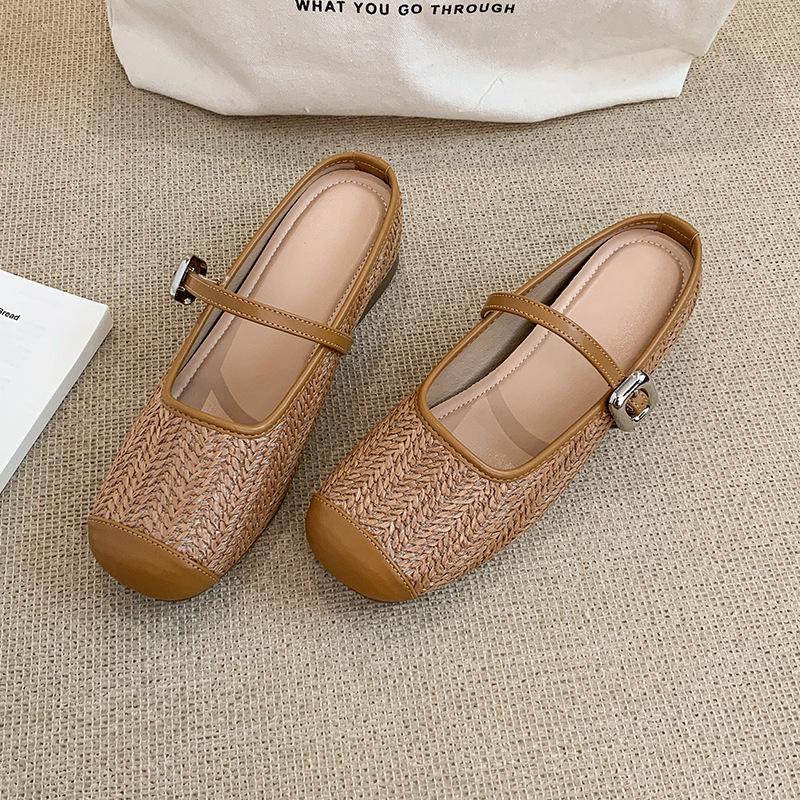 

Summer new product inner height increase slippers women s straw woven square head cool slippers lazy bag head half drag small leather shoes 39 коричневый