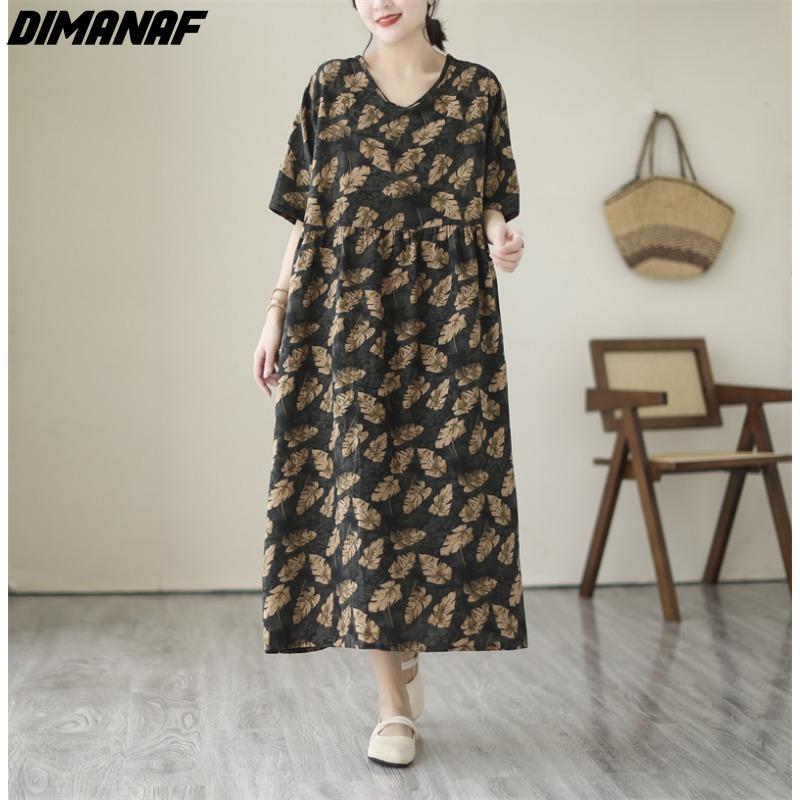 DIMANAF 2024 Plus Size Women Summer Beach Dress Vintage Lady Long Dress Loose Maxi Dress Cotton Black Printing