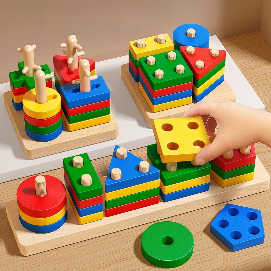 Montessori Wooden Geometric Shape Five Sets of Columns Blocks Assembling Children's Enlightenment Early Education Puzzle Toys