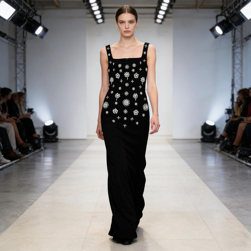 Elegant Rhinestone Beaded Ball Gown with Elastic Tank Skirt