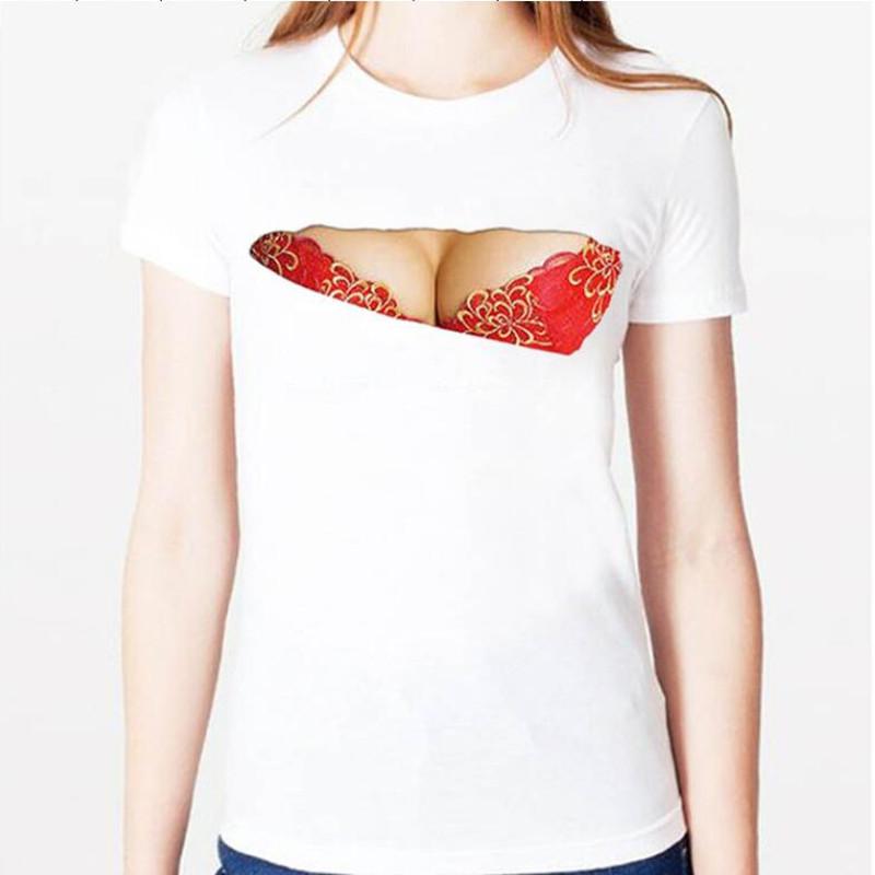 Women S T -Shirt Trend Sexy Tearing Chest 3d Printing Funny Funny T -Shirt Summer