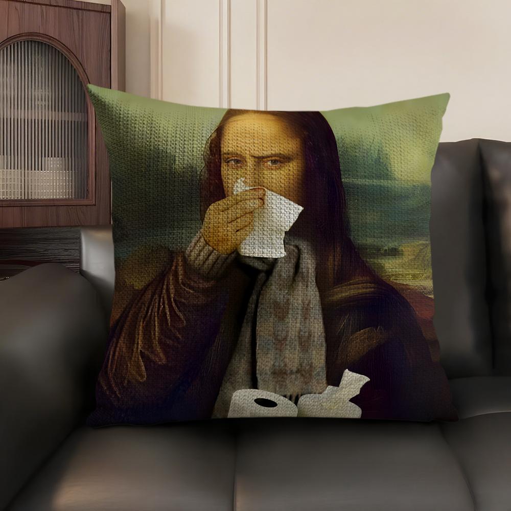 Copricuscino Mona Lisa con Perle Ragazza Lino Naturale Tessuto Biologico Stampa Double-Sided Divano Decorazione Casa Federa Regalo