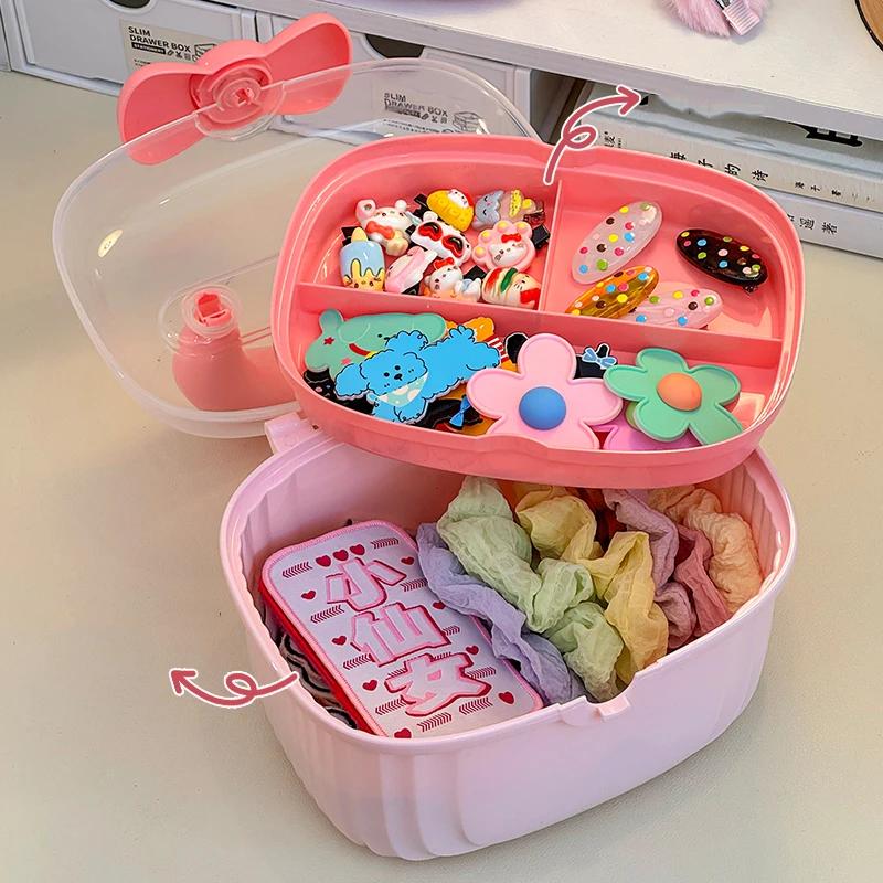 Cute Girls Hair Accessories Storage Box Bow Switch Organizer Box Jewelry Box Plastic Hair Ties Holder Hair Clips Container