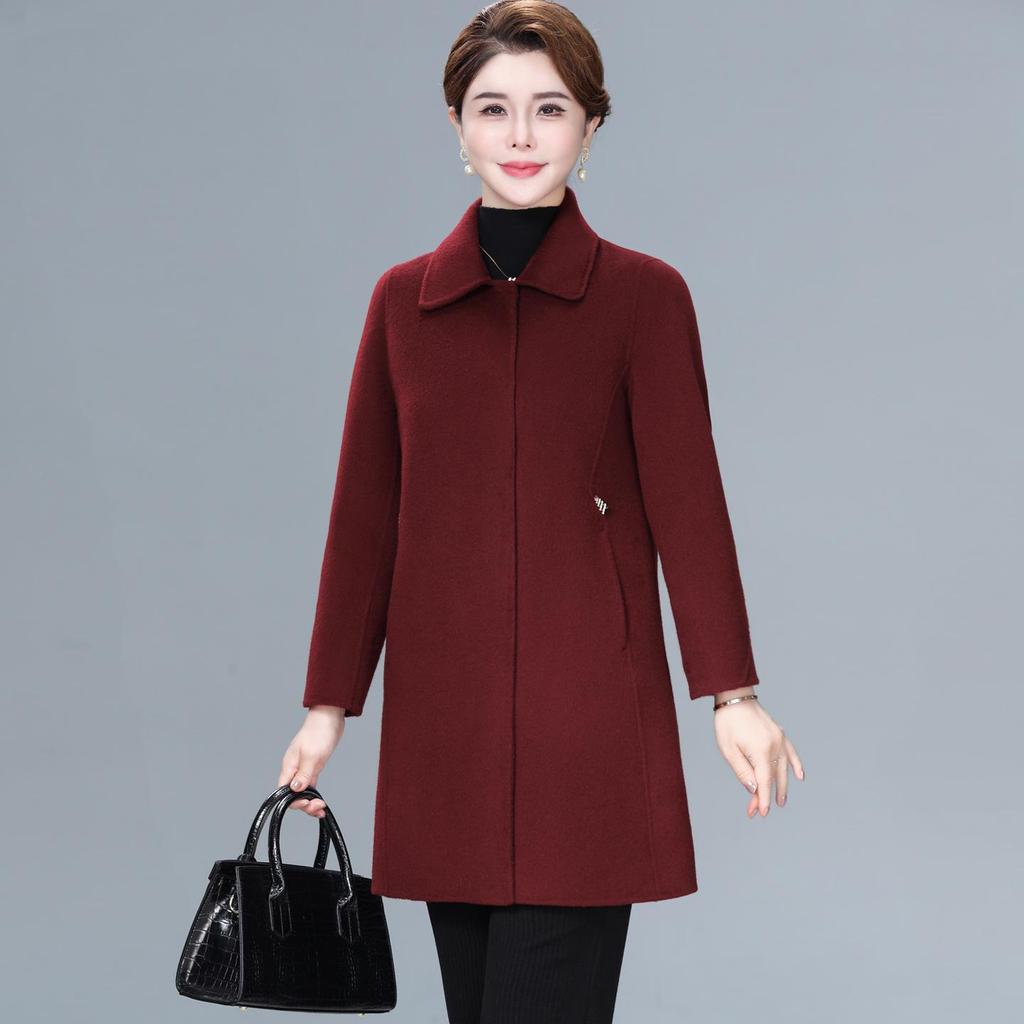 Women's Plus Size Mid-Length Wool Coat - Double-Sided, Fashionable Autumn/Winter Outerwear for Middle-Aged and Elderly