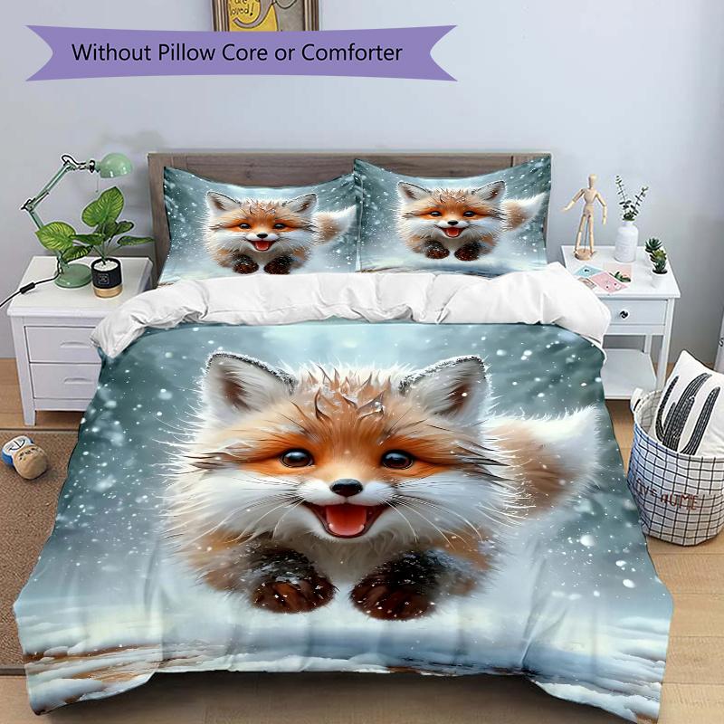 3pcs Joyful Fox Printed Quilt Set, Soft and Comfortable Quilt Cover for Bedroom 135x200cm