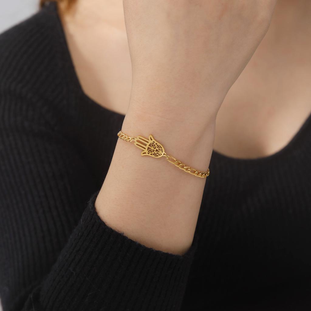 Amulet Hamsa Hand of Fatima Bracelets on Hand Gold Women's Bracelet Stainless Steel Islamic Lucky Jewelry Gift