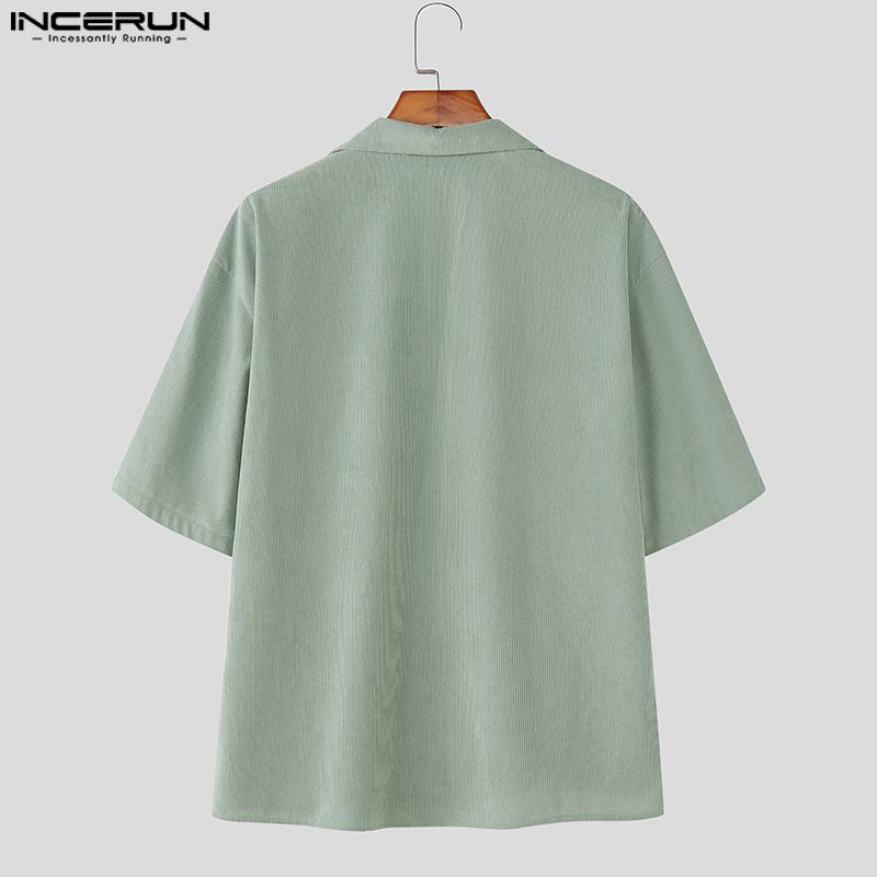 INCERUN 2PCS Men Lapel Neck Corduroy Short Sleeve Shirt Long Straight Pants Sets Outfits
