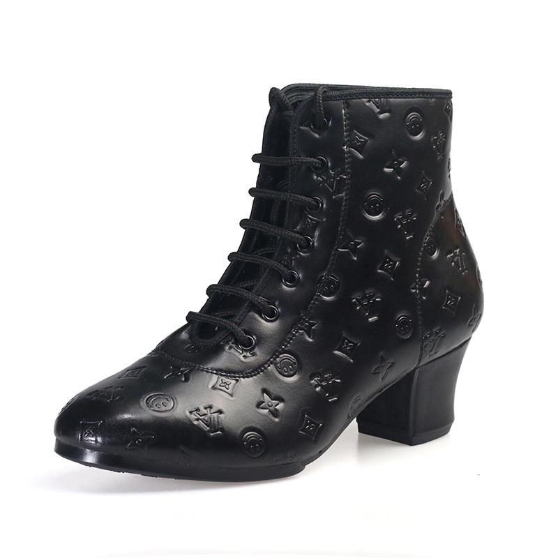 Women's Square Dance Shoes: Medium/High Heels, High Tops, Soft Sole, Embossed Leather, Ideal for Middle-aged/Elderly, Perfect for Autumn/Winter.