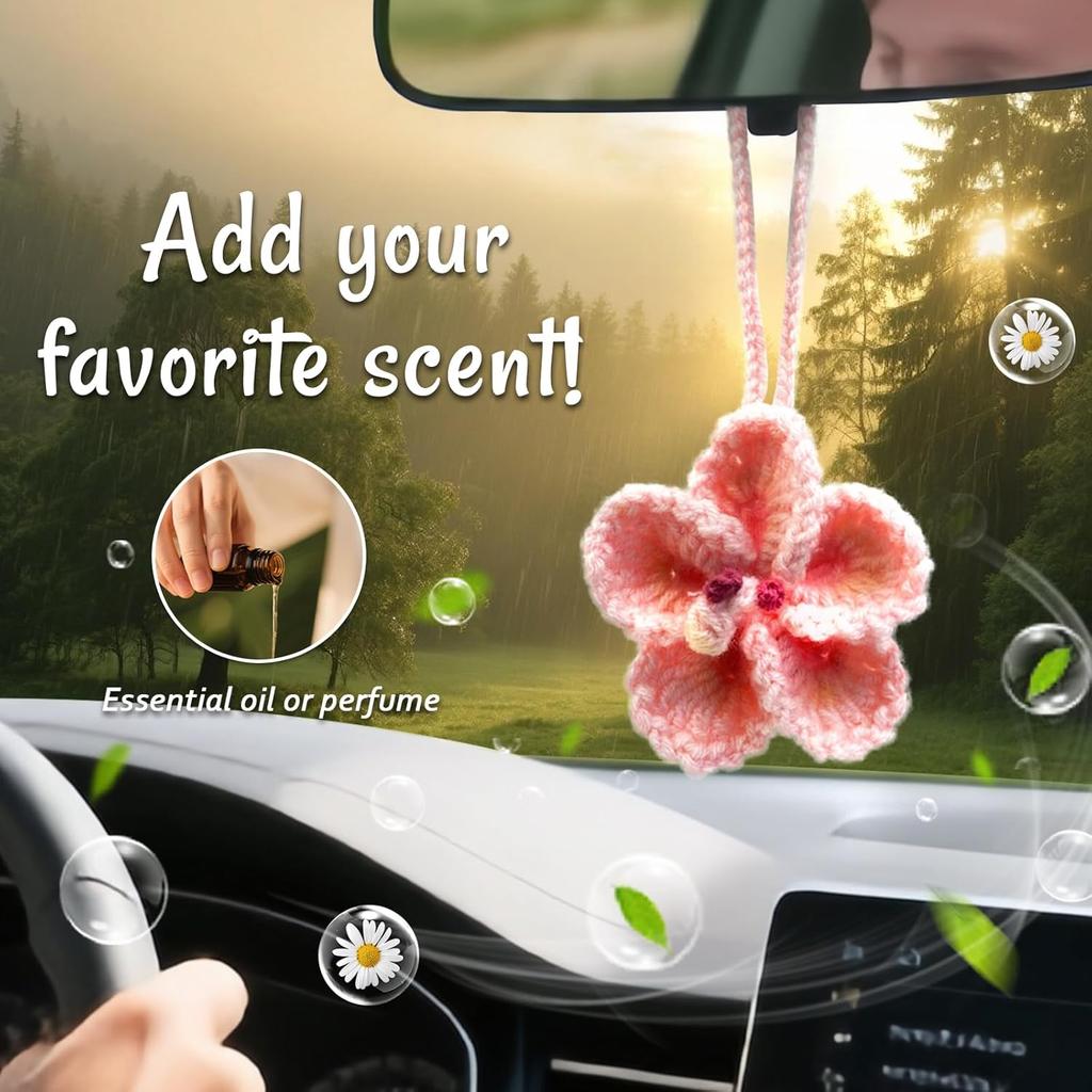Crochet Hibiscus Flower Car Hanging Accessories for Women,Handmade Hawaiian Tropical Flower Ornament,Cute Crochet Plant for Car Rearview Mirror