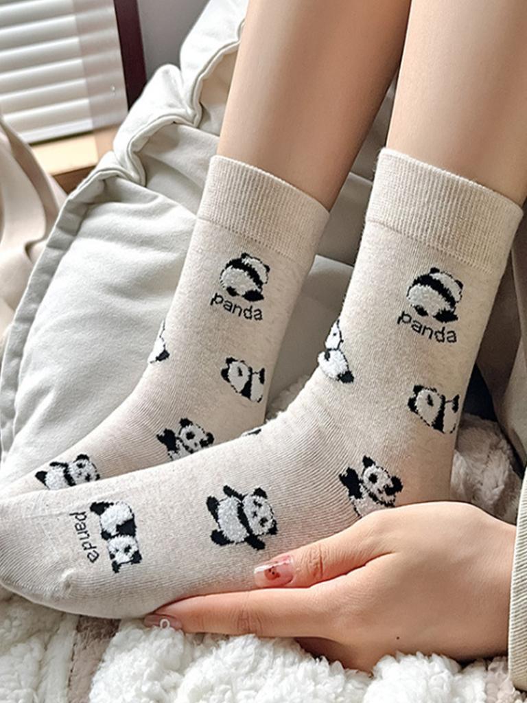 5 Pairs Ladies Cute Cartoon Panda Socks Comfortable Breathable Mid Calf Fun Fashion Stockings for Women