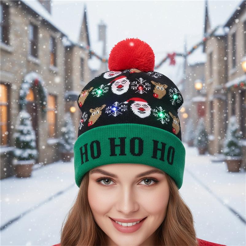 High Quality Christmas Knit Winter Hat Santa's Hat Party Supplies for Adults Festive Xmas LED Decorated Sweater Beanie
