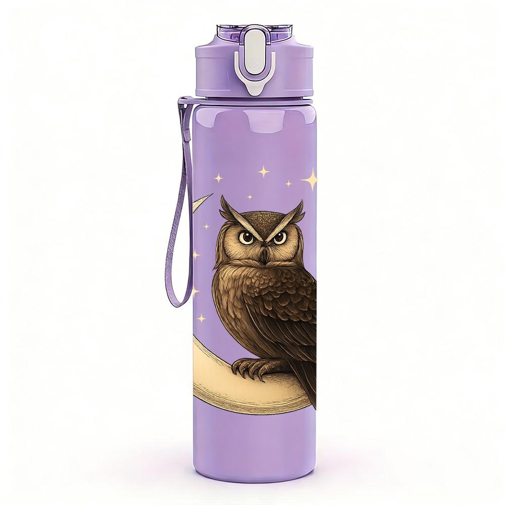 1PC Crescent Moon Owl Print 750ml Color Plastic Sports Water Bottle Leakproof Flip Straw Lid Suitable for Sports Office Home Use