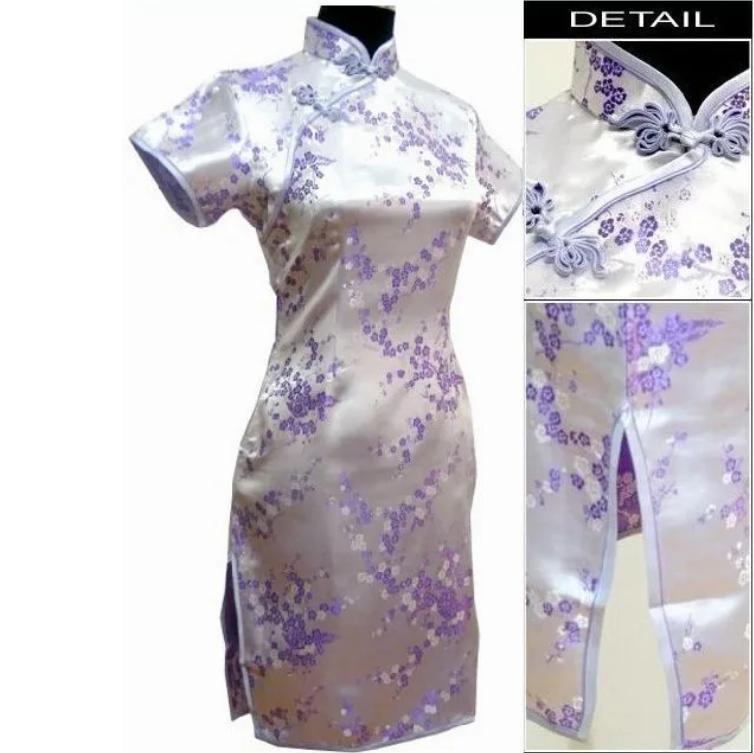 Raffinato Floreale Donna Mini Qipao Elegante Nero Collo Mandarino Cheongsam Sexy Spacco Alto Slim Abito Cinese