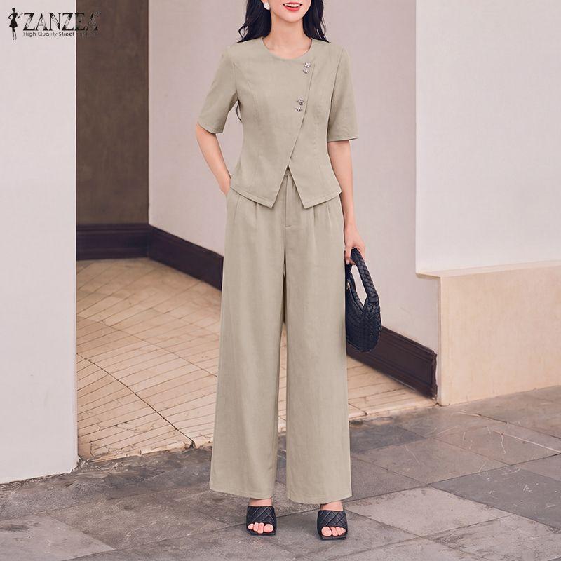 ZANZEA Completo estivo da donna a due pezzi con camicetta a maniche corte e pantaloni lunghi