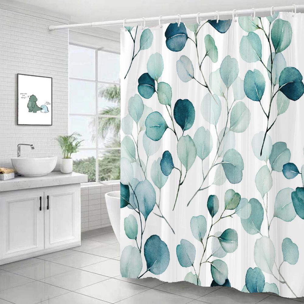 Green Leaf Plant Simple Nordic Printing Bathroom Shower Curtain Polyester Waterproof Home Decoration Curtain with 12 Hooks