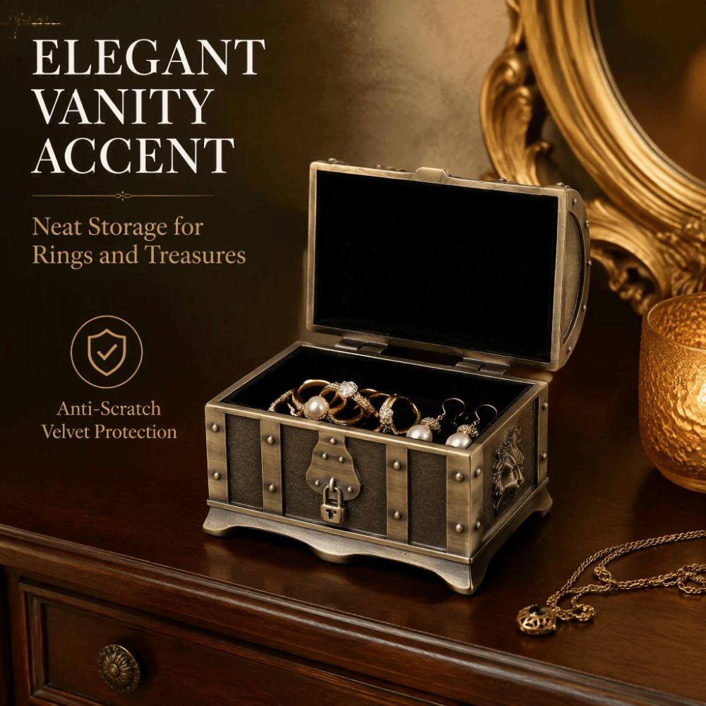 Zinc Alloy Jewelry Storage Case Engraved Pattern Metal Treasure Chest Dresser Tabletop