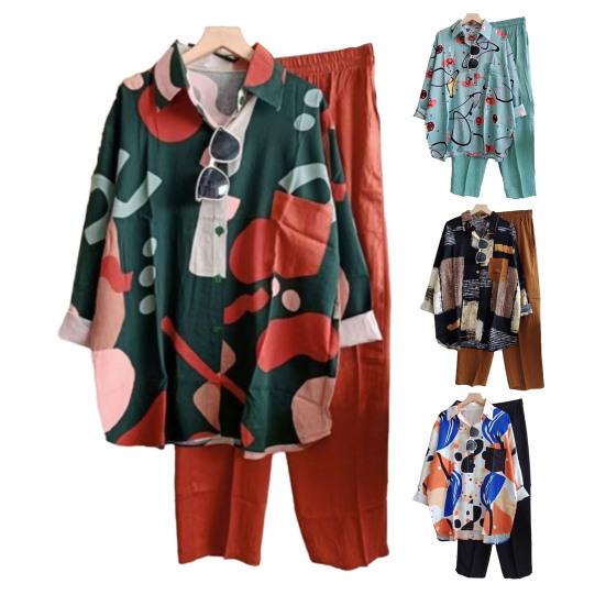 Set di pantaloni camicia da 2 pezzi / set Set di pantaloni colorblock monopetto risvolto manica lunga vita elastica allentata gamba larga set di pantaloni camicetta casual morbida da donna