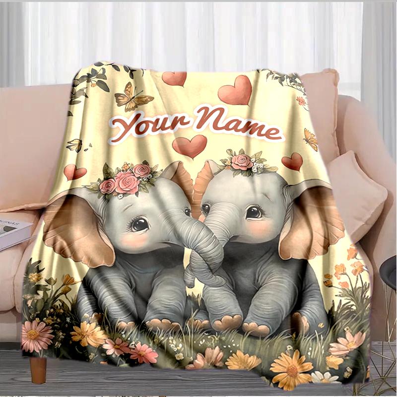 1PC Custom Name Elephants floral garden. Flannel blankets Patterns Throw Blanket All-Season Soft Gift for Couch, Bed, Camping gifts