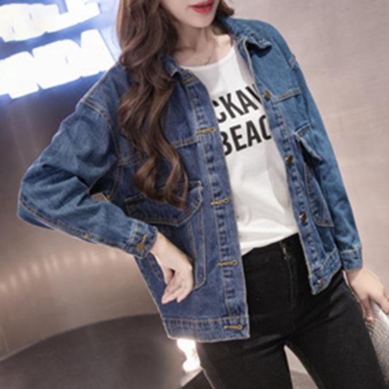 Winterjacke für Damen, lange Ärmel, Umlegekragen, Brusttaschen, Knopfverschluss, Mantel, einfarbig, lässig, Streetwear, Jeansmantel