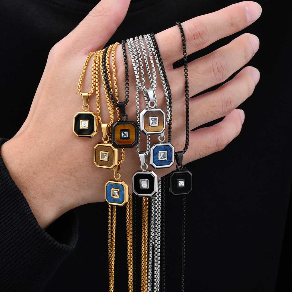 Stylish Square Pendant Necklaces for Men,Small Geometric Natural Stone Stainless Steel Pendant,Center Zircon Collars Gift