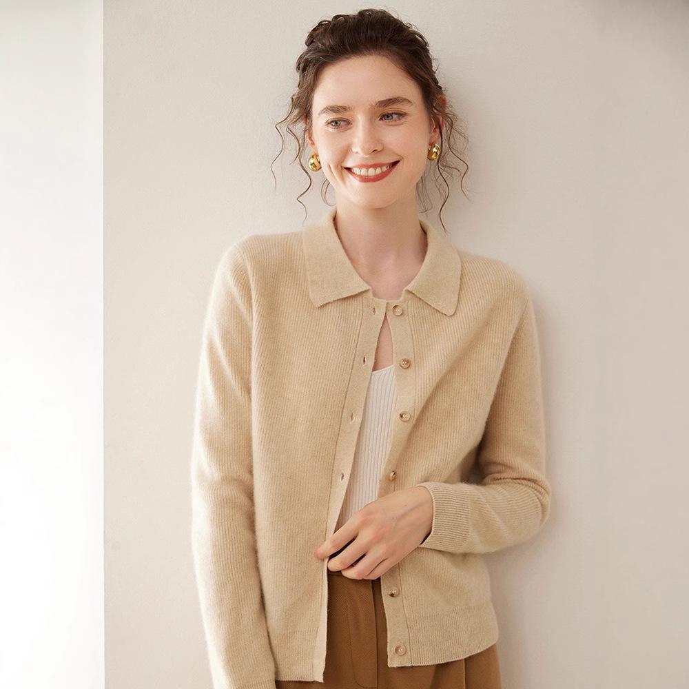 Women's Slim Fit Cashmere Polo Collar Cardigan - Comfortable Knitwear Coat for Autumn/Winter Fashion