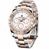 Men's Daytona Homage Analog Quartz Watch, Full Stainless Steel, Luxury Waterproof Dress Watch with Automatic Date, Gold and White, 1644