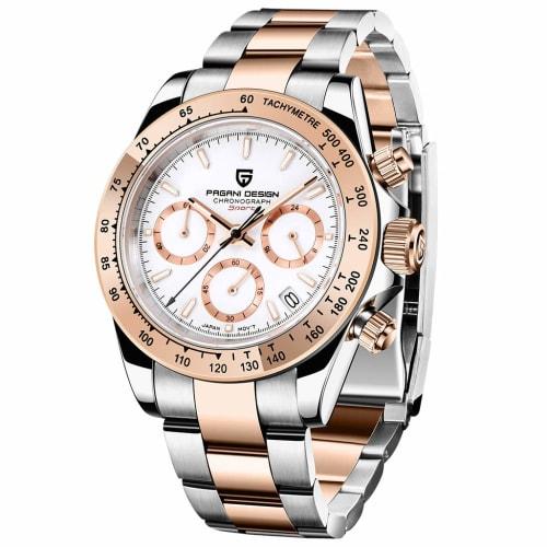 

Men s Daytona Homage Analog Quartz Watch, Full Stainless Steel, Luxury Waterproof Dress Watch with Automatic Date, Gold and White, 1644
