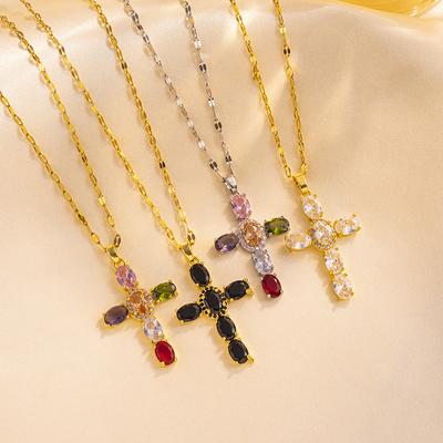New Copper Micro Zirconia Necklace Multi-coloured Cross Pendant Hip Hop Necklace Collar Bone Chain Women's Necklace