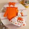 Sweet Cartoon Bear Baby Girl Summer Skirt Set - Includes Solid Color Short-Sleeved Top, Suspender Skirt, and Hairband.