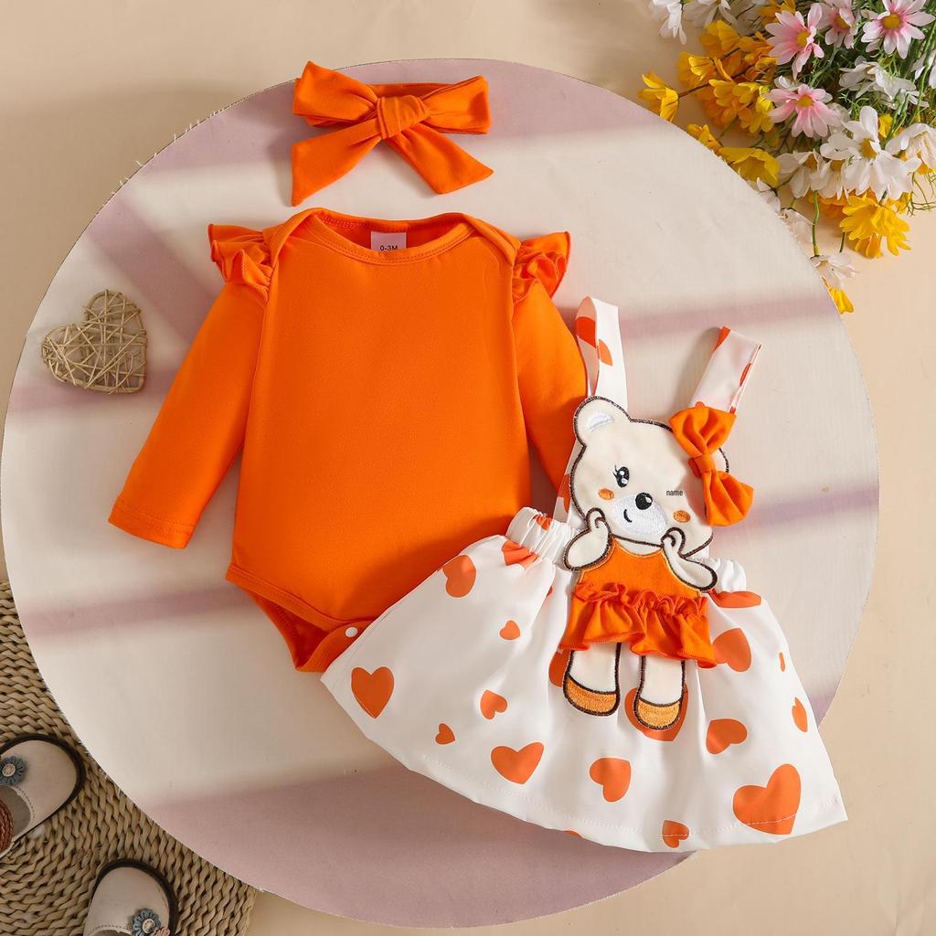 Sweet Cartoon Bear Baby Girl Summer Skirt Set - Includes Solid Color Short-Sleeved Top, Suspender Skirt, and Hairband.