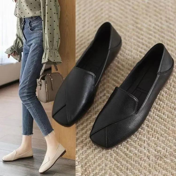 Fashion Ladies Summer Footwear Flat Moccasins Shoes for Women  Loafers Square Toe White Flats Lastest Shoe Casual Korean Style Trend