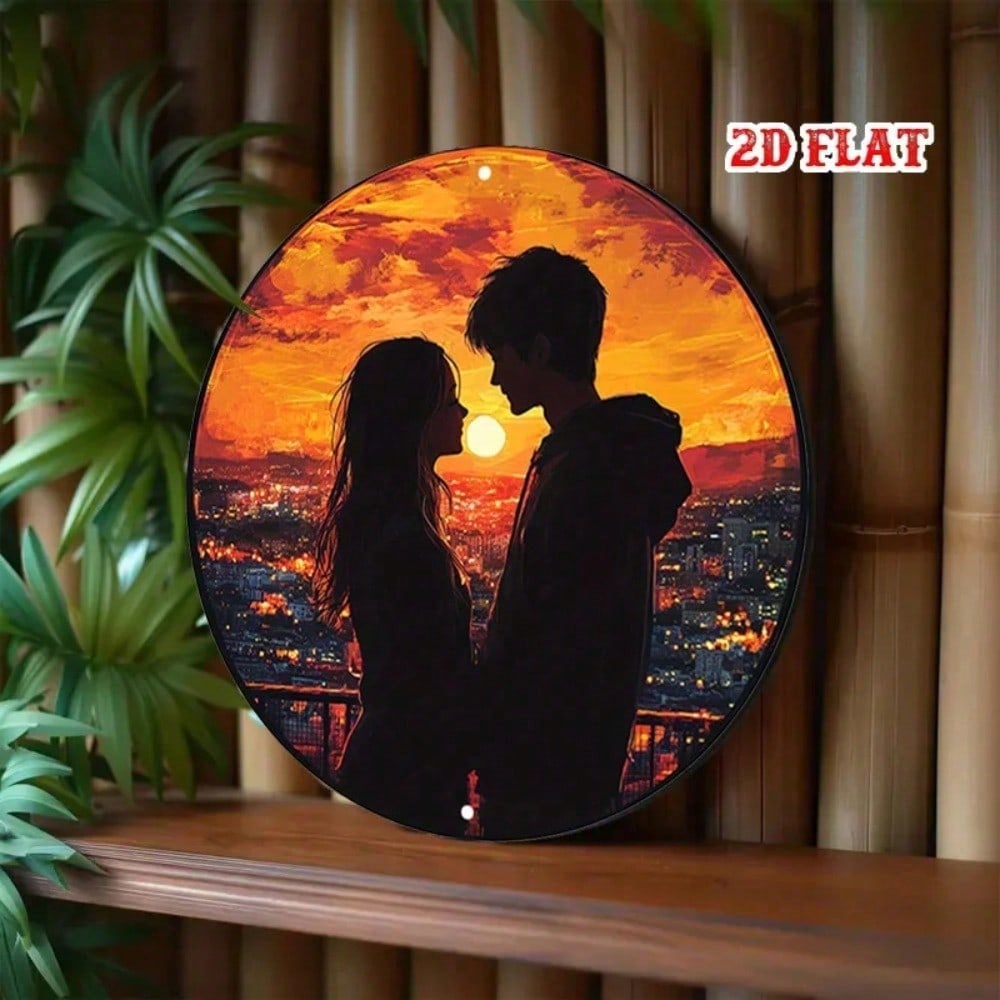 Retro Couple Sunset Silhouette Round Metal Wall Art Urban Skyline Tin Sign 7.87 Inch Aluminum Decor For Home Cafe Garage