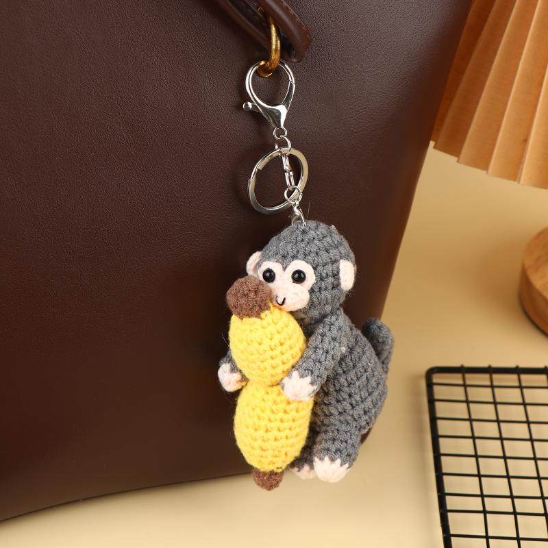 Cute Crochet Monkey Banana Keychain Handmade Knitted Animal Bag Charm Backpack Pendant Key Holder Lovely Gifts