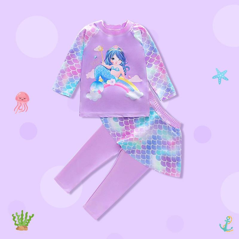 Kids' Long Sleeve Mermaid Swimsuit with Sun Protection and Quick-Dry Pants