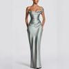 Fashion Women's Satin One Shoulder Long Dress Bandage Pleated Backless Sleeveless Dresses Summer Lady Party Evening Robes New