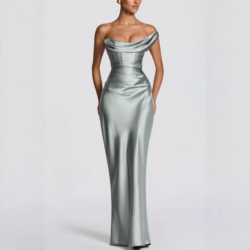 Fashion Women's Satin One Shoulder Long Dress Bandage Pleated Backless Sleeveless Dresses Summer Lady Party Evening Robes New