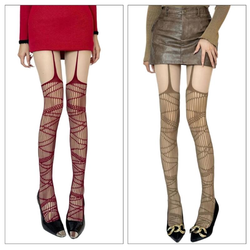 Patterned High Waist Fishnet Pantyhose for Women Aesthetic Garter Belt Thigh High Stockings Sheer Suspender Pantyhose