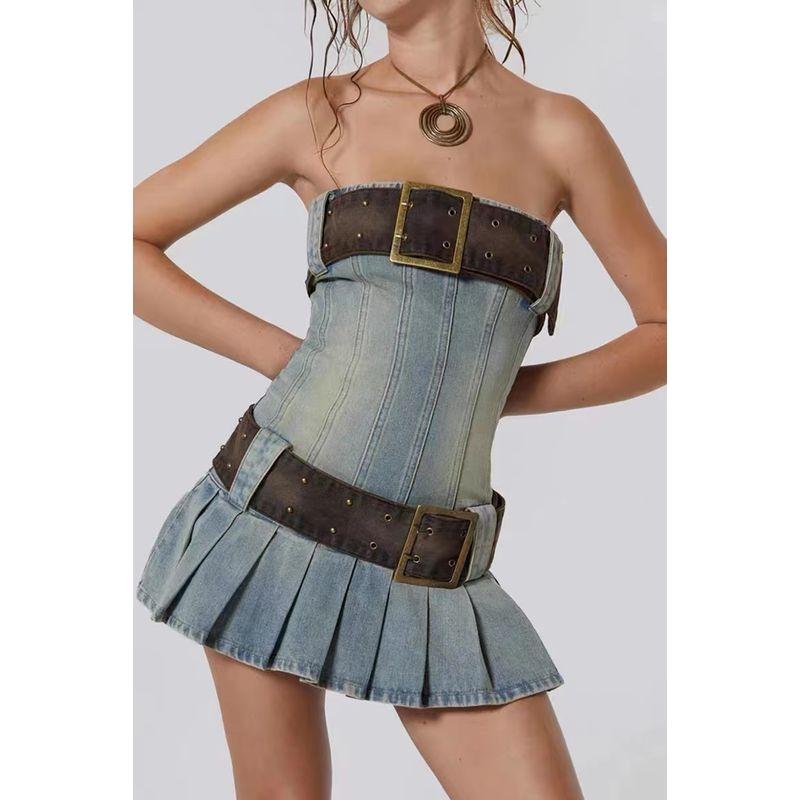 Jaded London Millennium Sexy Retro Super Wide Detachable Belt Pleated Denim Tube Top Dress Women