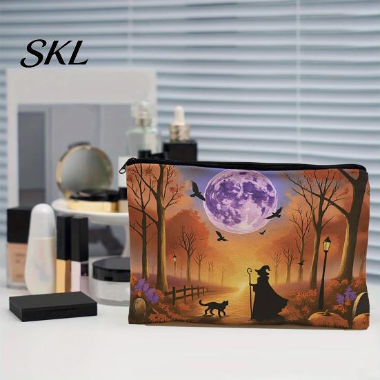 Witch Pumpkin Pattern Bag Storage Bag, with Smooth Zipper, Thickened Polyester Large Capacity Thick Canvas Cosmetic Halloween Printed Pouch Small Item