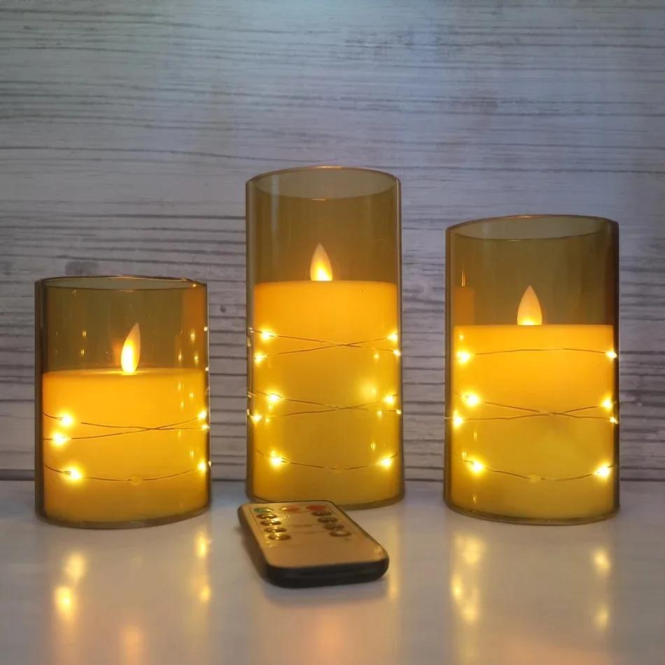 

3 шт./компл. светодиодных свечей с дистанционным управлением на батарейках, мерцающие беспламенные свечи для свадьбы, рождественской вечеринки, украшения дома