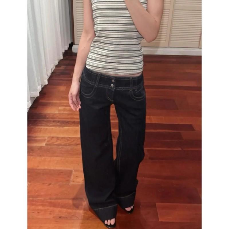 

Женские Весенние Большого Размера Винтажные Джинсовые Брюки на Пуговицах Стиранные Низкая Посадка Прямой Крой Свободный Силуэт Широкие Брюки с Заниженной Линией Кроя XS