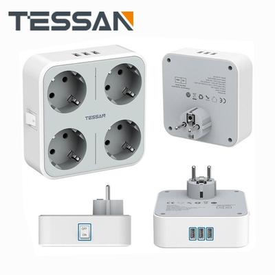 Tessan Adattatore da viaggio con presa europea Presa a muro USB con interruttore on/off, 4 prese UE, 3 porte USB, caricabatterie 7 in 1 per la casa