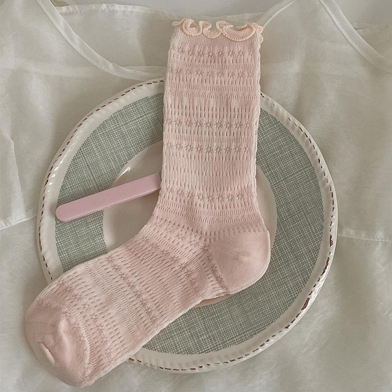 Women's Lace Mesh Mid-Calf Socks: Spring/Autumn, Cotton, Korean/Japanese Style, Ballet & Slouch Design.