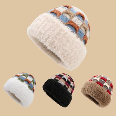 Novos Chapéus de Lã Femininos para Outono e Inverno com Retalhos Coloridos e Chapéus de Tricô Espessos Pelúcia Quente Moda Versátil Chapéus para Frio